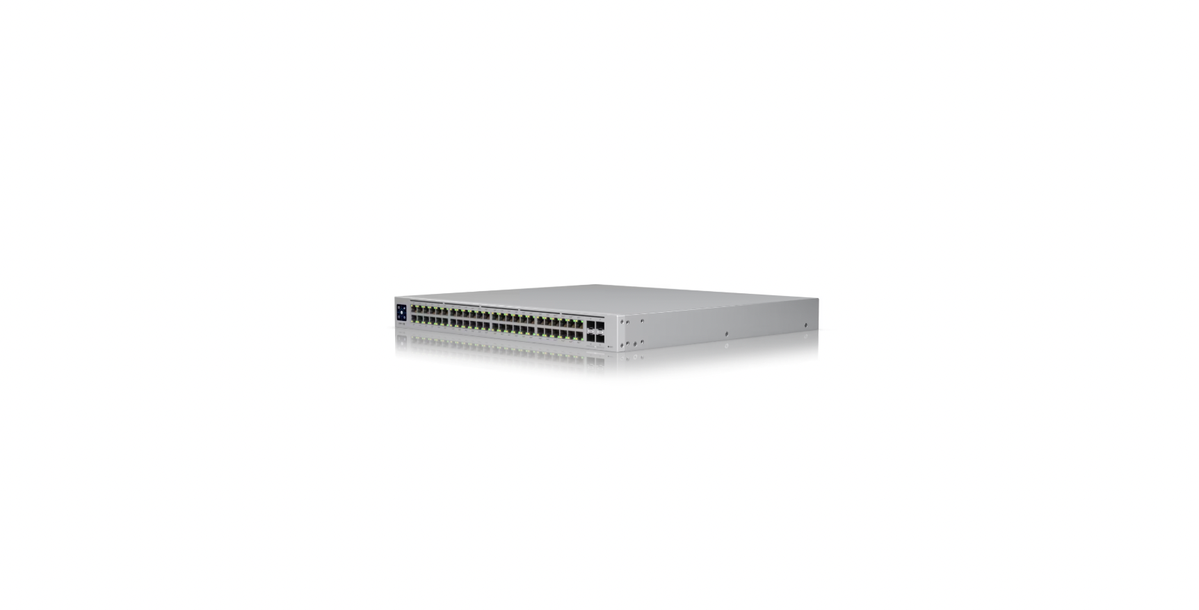 Angled front-left view of USW-PRO-48-POE highlighting port density and aluminum housing

