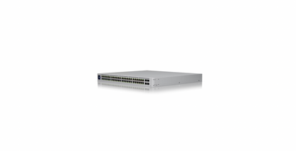 Angled front-left view of USW-PRO-48-POE highlighting port density and aluminum housing

