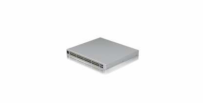 Angled front view of Ubiquiti USW-PRO-48-POE switch showing 48 RJ45 ports and LCM display

