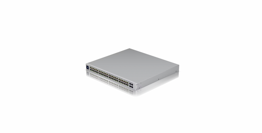 Angled front view of Ubiquiti USW-PRO-48-POE switch showing 48 RJ45 ports and LCM display

