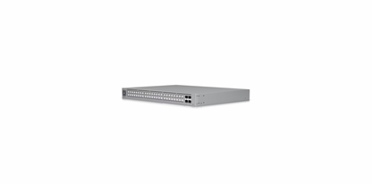 Front angled view of the Ubiquiti Switch Pro Max 48 showcasing its Etherlighting ports and 10G SFP+ interfaces