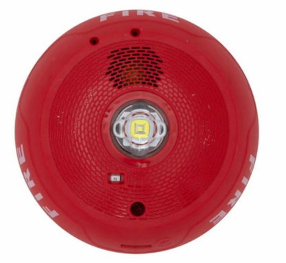 Front view of System Sensor PC2RLED L-Series horn strobe in red, ceiling mount