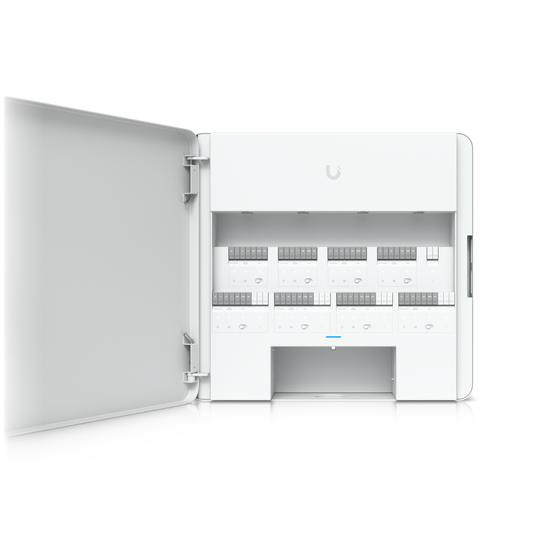 Front view of Ubiquiti EAH-8 access hub with open enclosure showing all eight door relay modules