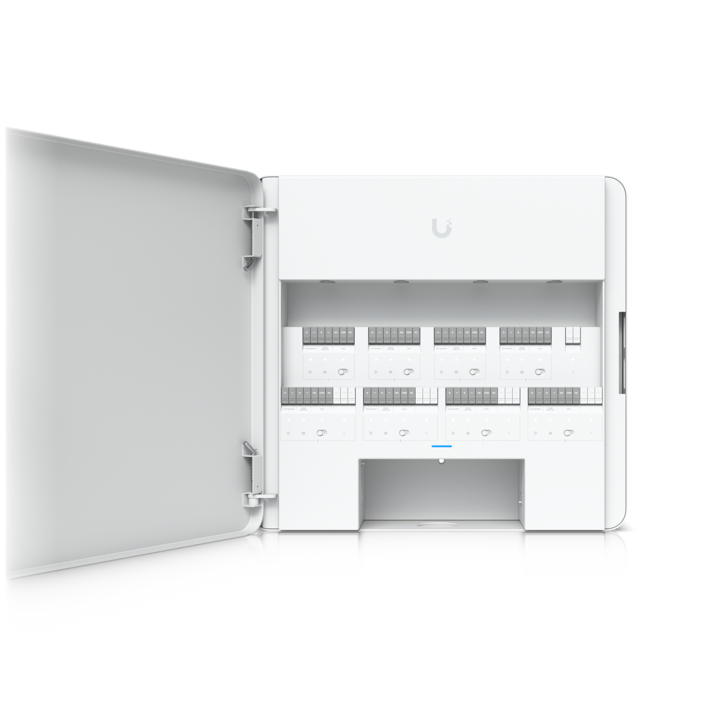 Front view of Ubiquiti EAH-8 access hub with open enclosure showing all eight door relay modules