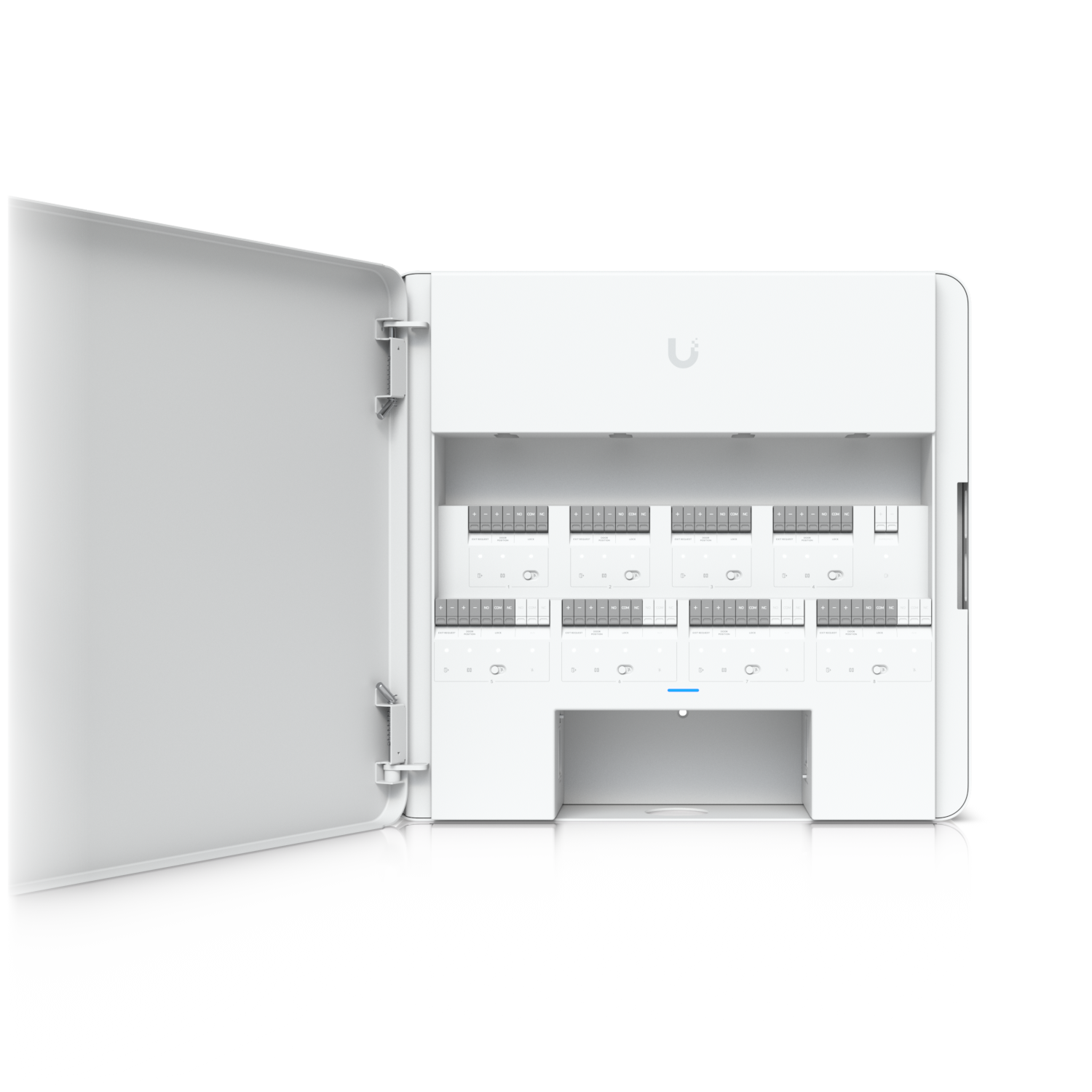 Front view of Ubiquiti EAH-8 access hub with open enclosure showing all eight door relay modules