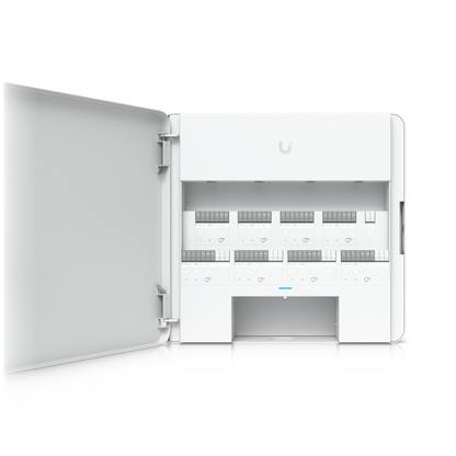 Front view of Ubiquiti EAH-8 access hub with open enclosure showing all eight door relay modules