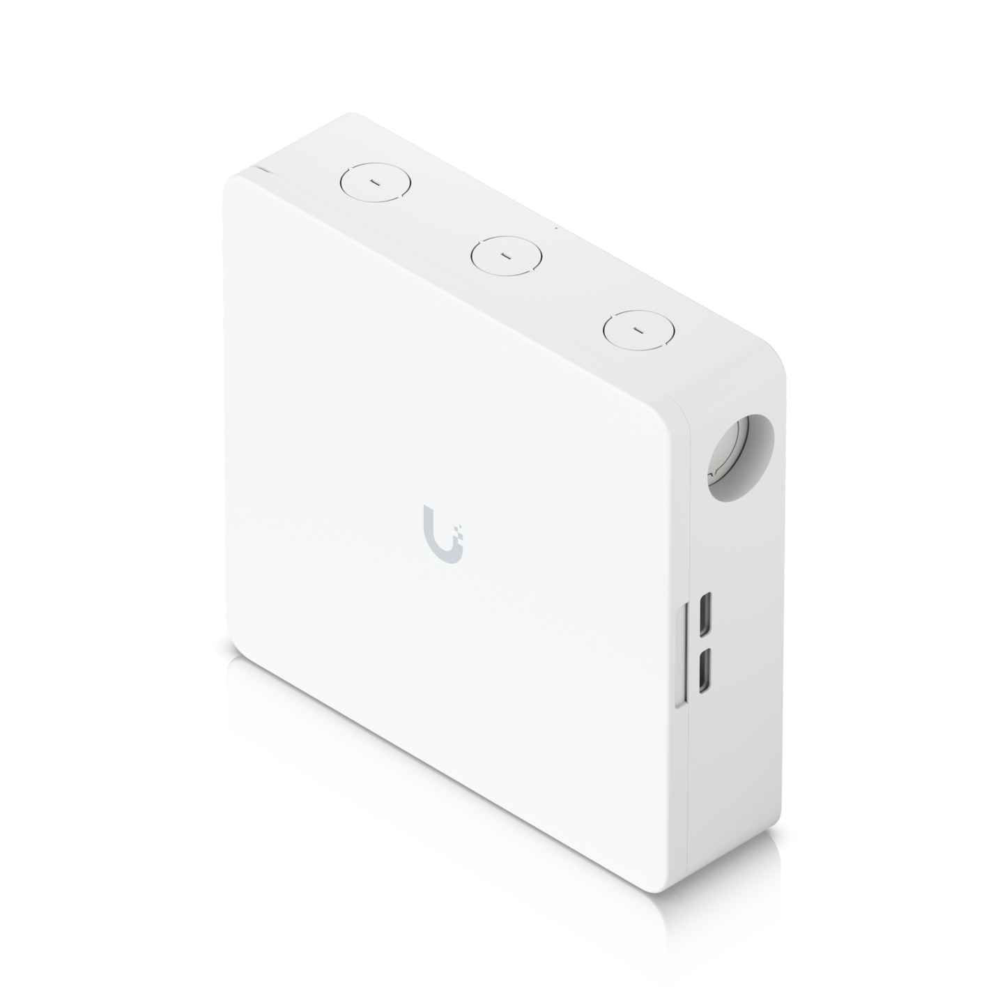 Top angled view of Ubiquiti EAH-8 hub showing circular knockouts and UniFi logo