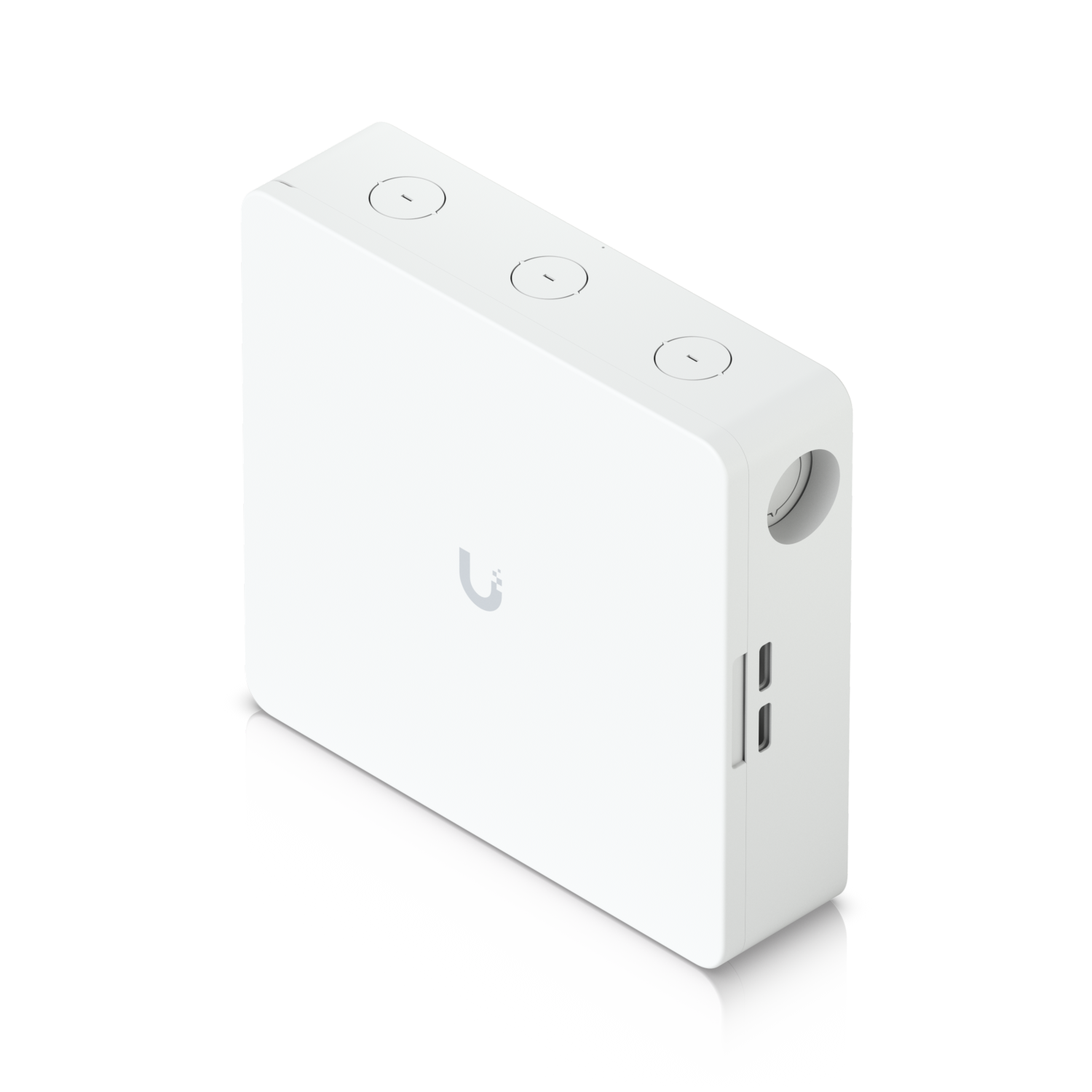 Top angled view of Ubiquiti EAH-8 hub showing circular knockouts and UniFi logo