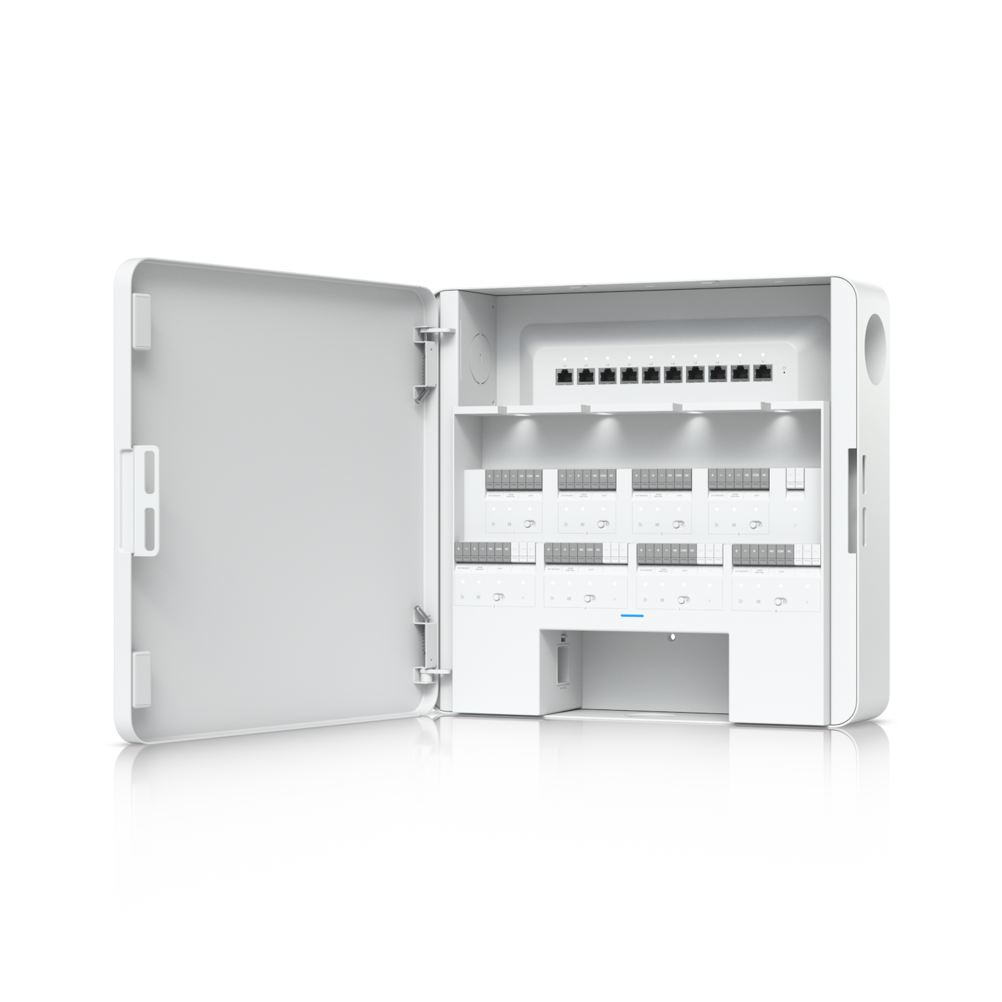 Angled view of EAH-8 access hub with open door showing internal relay modules and Ethernet ports