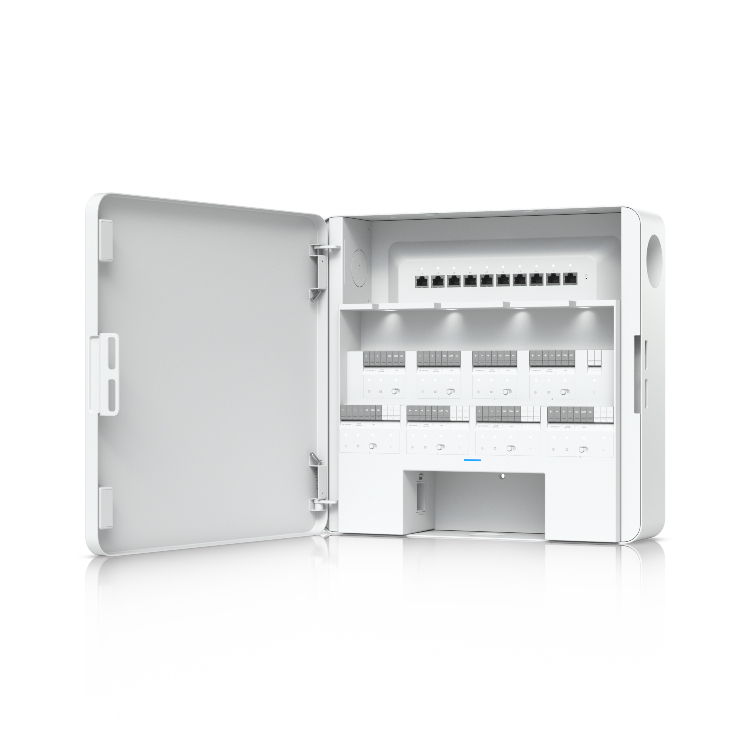 Angled view of EAH-8 access hub with open door showing internal relay modules and Ethernet ports