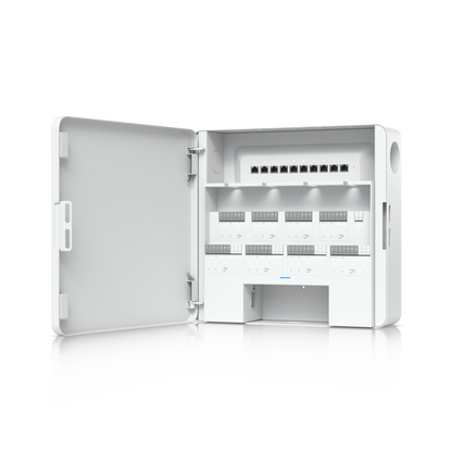 Angled view of EAH-8 access hub with open door showing internal relay modules and Ethernet ports