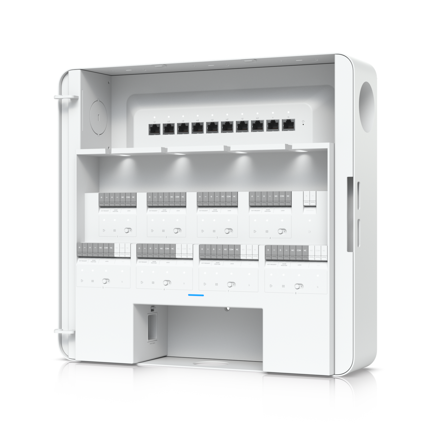 Side-facing close-up of Ubiquiti EAH-8 hub with relay modules and PoE Ethernet ports visible
