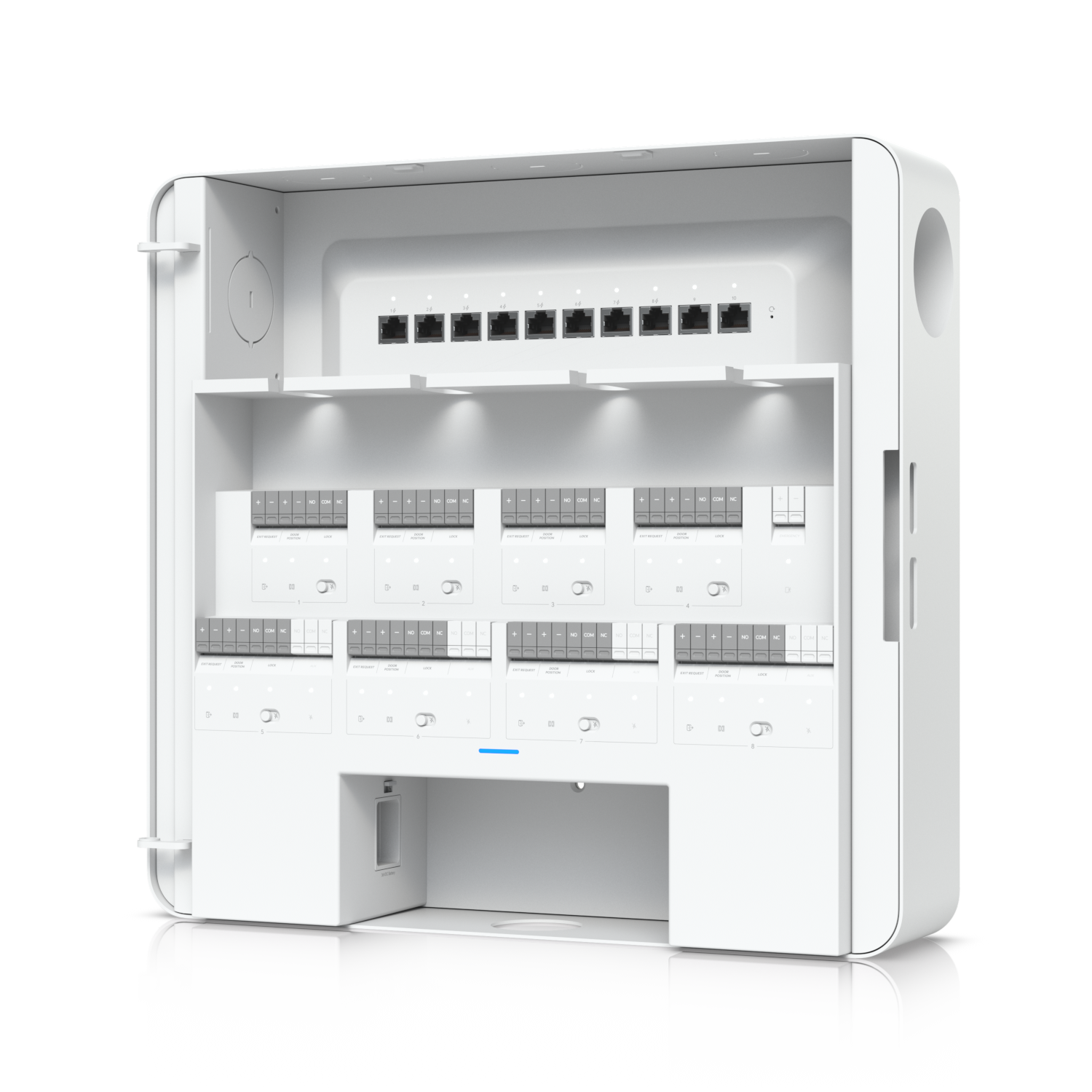 Side-facing close-up of Ubiquiti EAH-8 hub with relay modules and PoE Ethernet ports visible