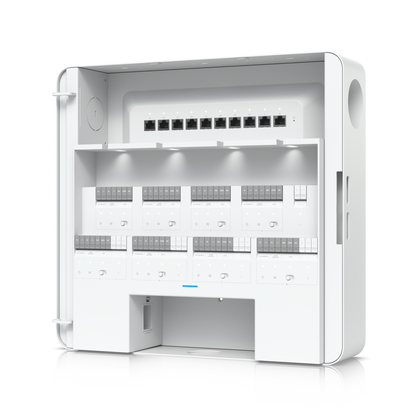 Side-facing close-up of Ubiquiti EAH-8 hub with relay modules and PoE Ethernet ports visible