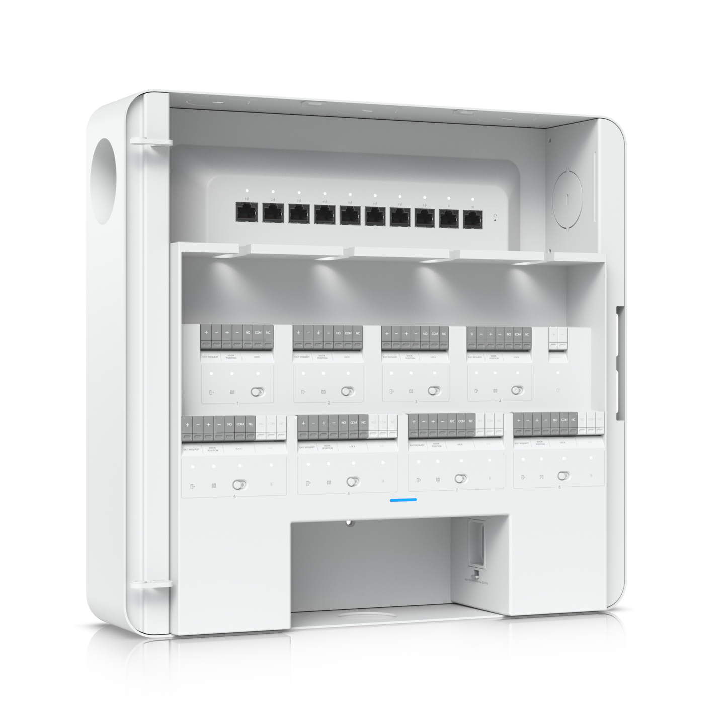 Another Side-facing close-up of Ubiquiti EAH-8 hub with relay modules and PoE Ethernet ports visible