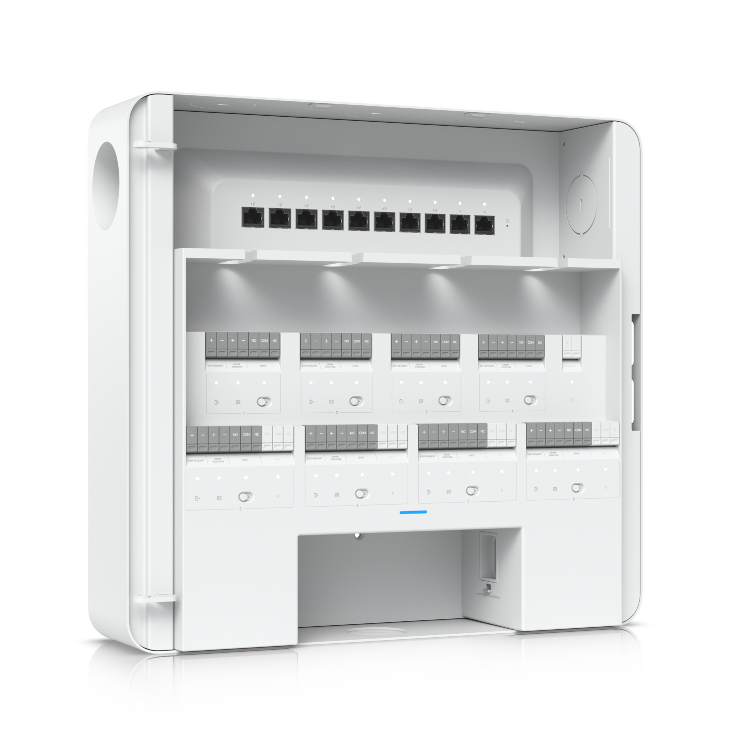 Another Side-facing close-up of Ubiquiti EAH-8 hub with relay modules and PoE Ethernet ports visible