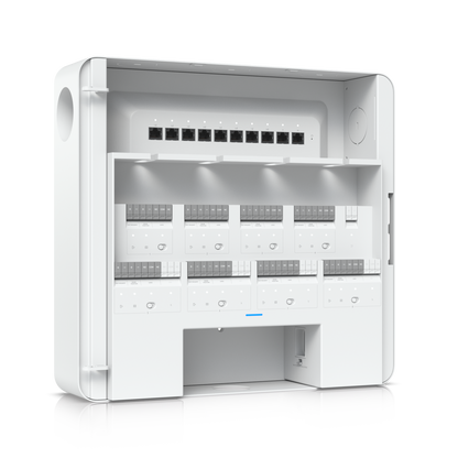 Another Side-facing close-up of Ubiquiti EAH-8 hub with relay modules and PoE Ethernet ports visible