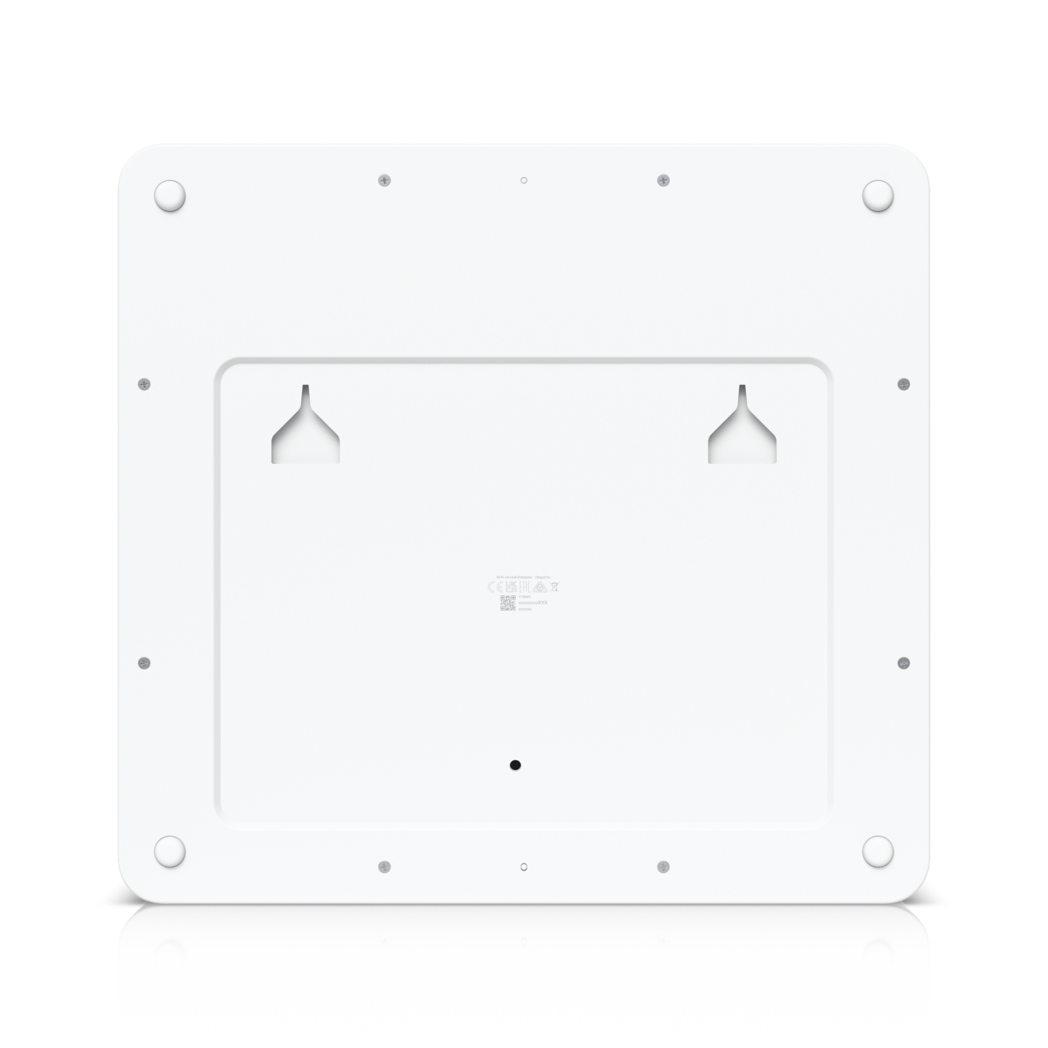Rear mounting view of Ubiquiti EAH-8 access hub showing wall mount holes and label