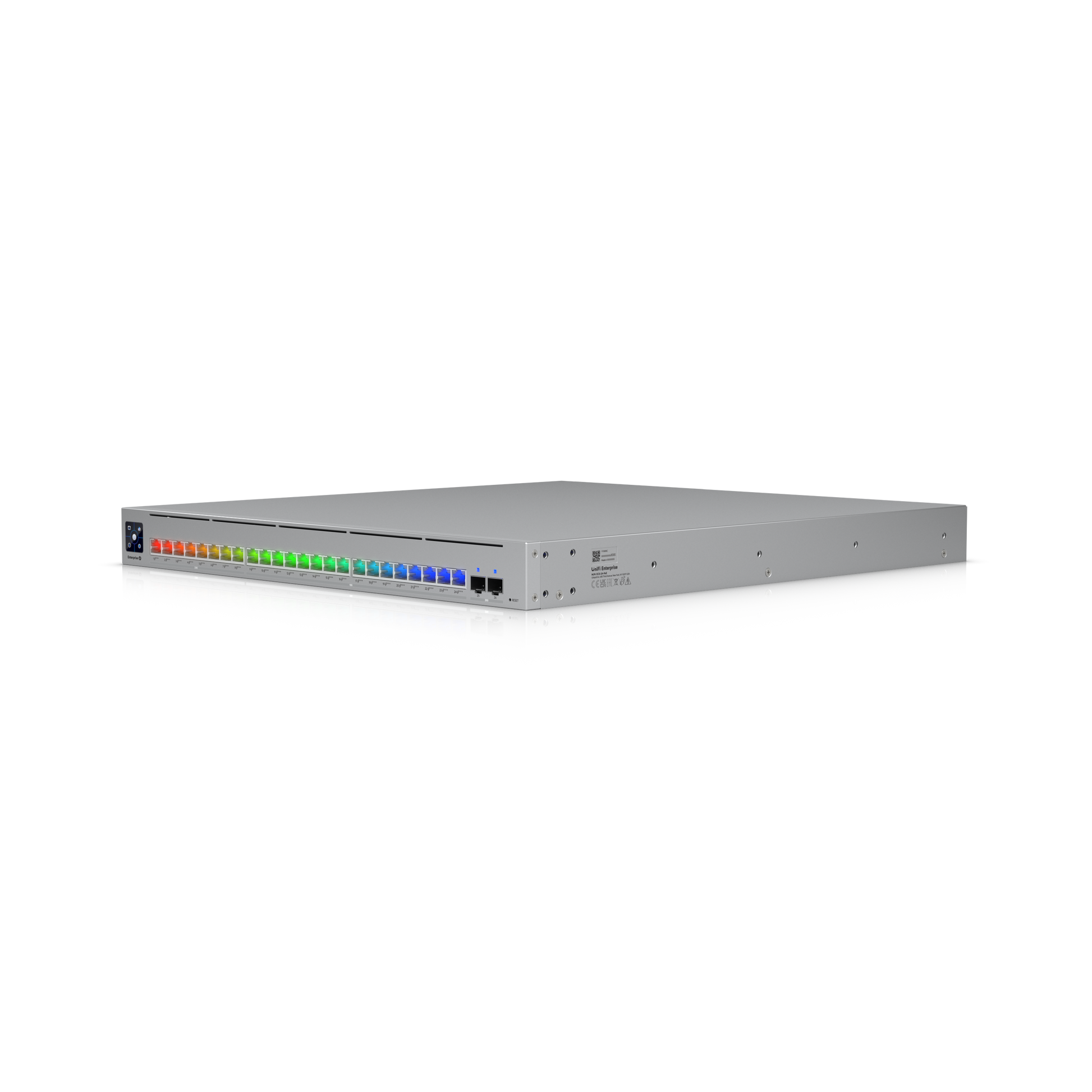 Enterprise Campus 24 PoE ECS-24-PoE angled front with Etherlighting illuminated ports