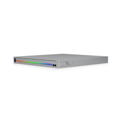 Enterprise Campus 24 PoE ECS-24-PoE angled front with Etherlighting illuminated ports