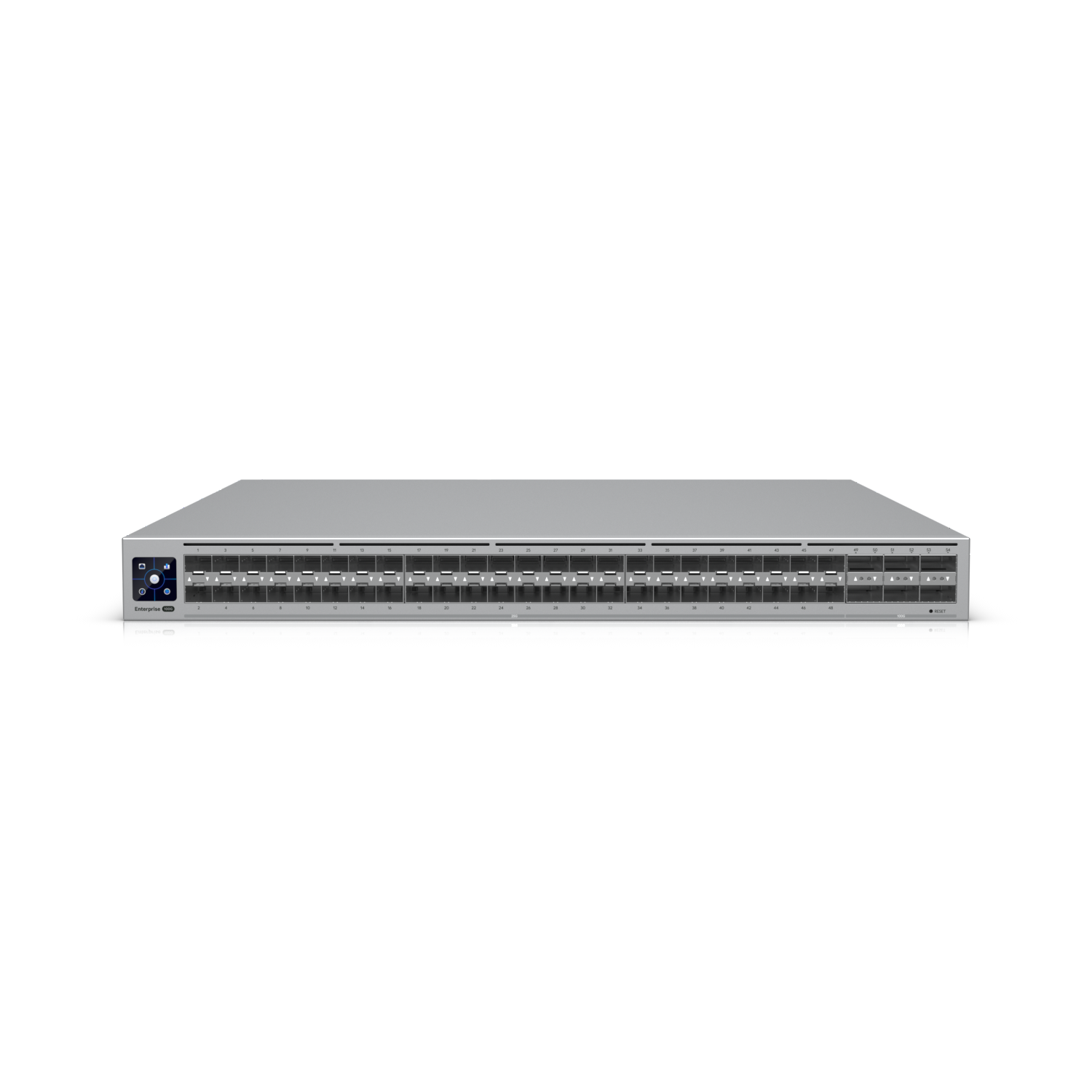 Front-facing view of the Ubiquiti ECS Aggregation Switch showing all SFP and SFP+ ports with dual power controls.