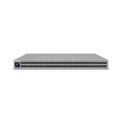 Front-facing view of the Ubiquiti ECS Aggregation Switch showing all SFP and SFP+ ports with dual power controls.