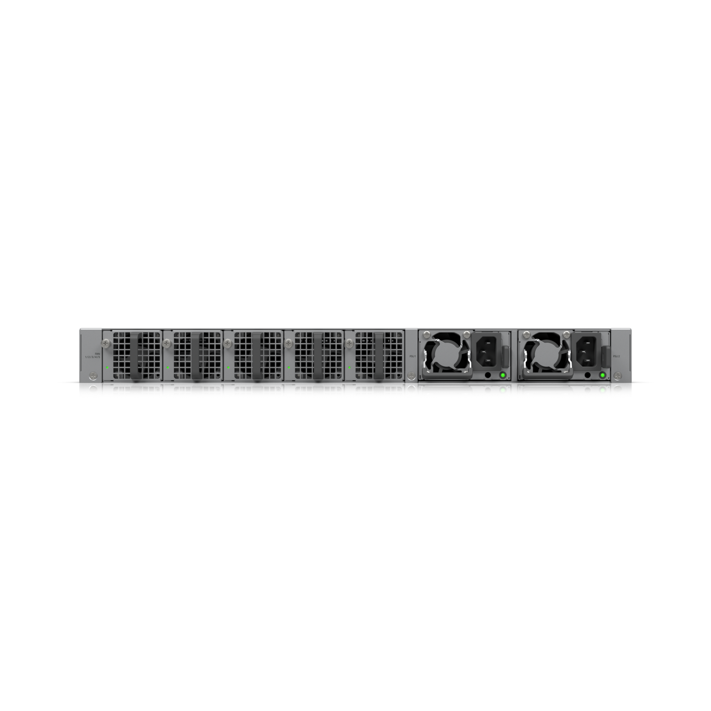 Rear view of the Ubiquiti ECS Aggregation Switch featuring high-density cooling vents and dual redundant power supplies.