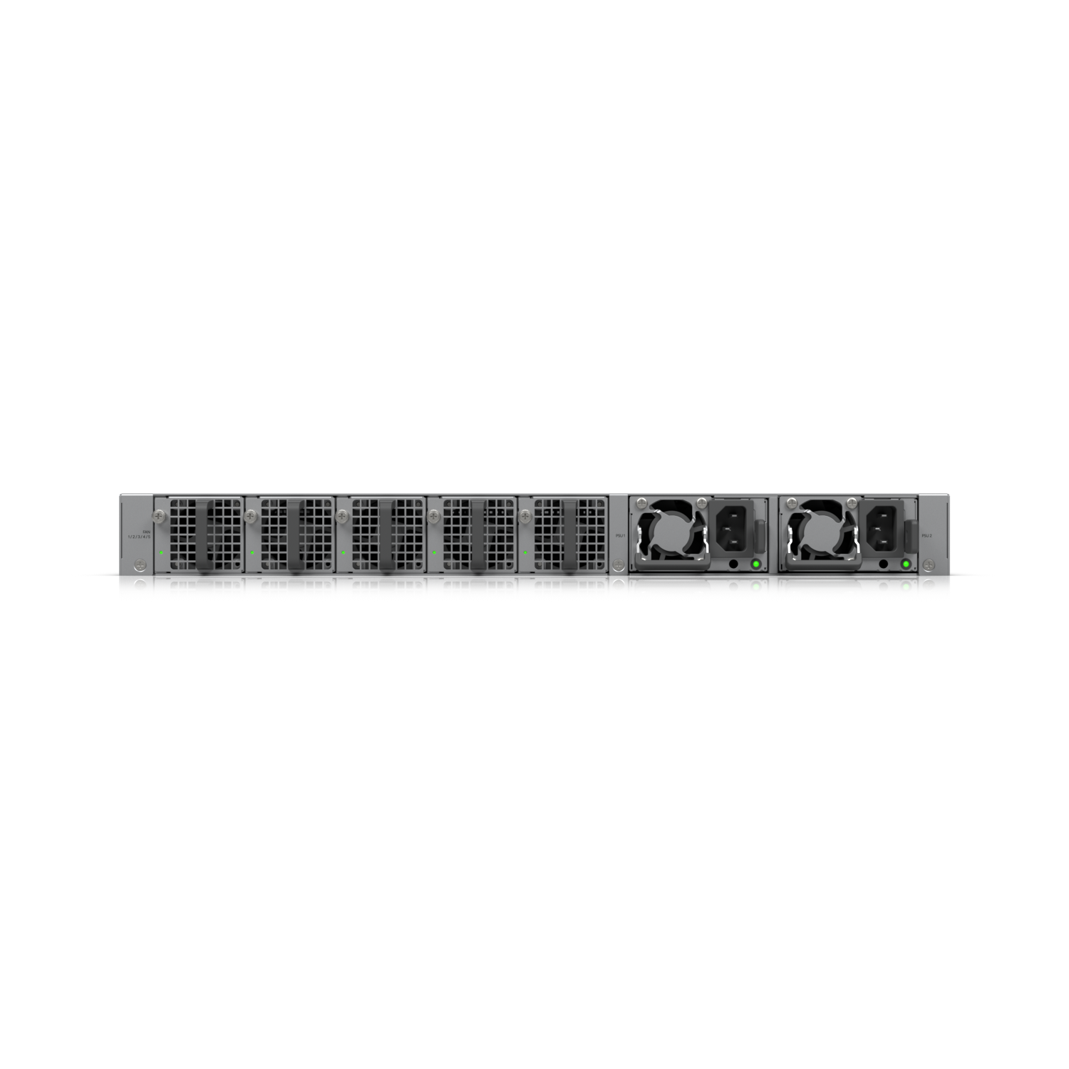 Rear view of the Ubiquiti ECS Aggregation Switch featuring high-density cooling vents and dual redundant power supplies.