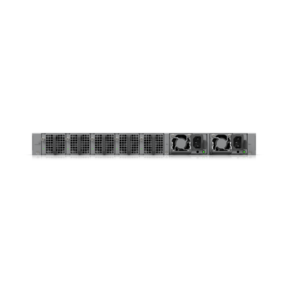 Rear view of the Ubiquiti ECS Aggregation Switch featuring high-density cooling vents and dual redundant power supplies.