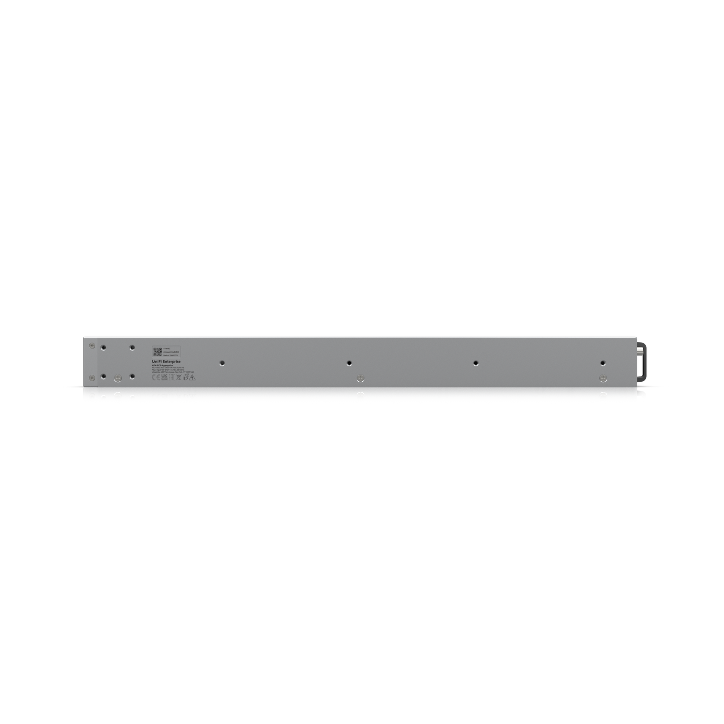 Side profile of the Ubiquiti Enterprise Campus Aggregation Switch with visible product labeling and rack-mount brackets.