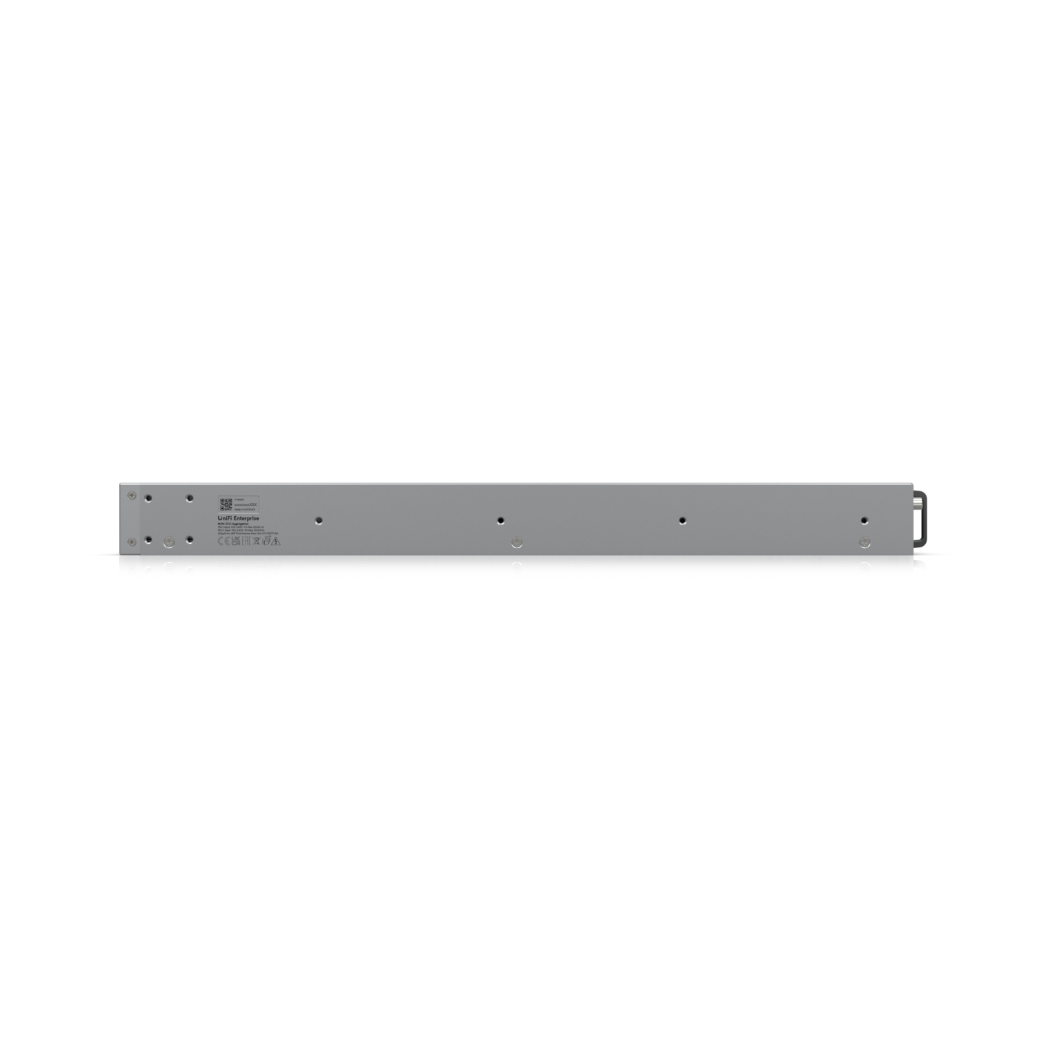 Side profile of the Ubiquiti Enterprise Campus Aggregation Switch with visible product labeling and rack-mount brackets.