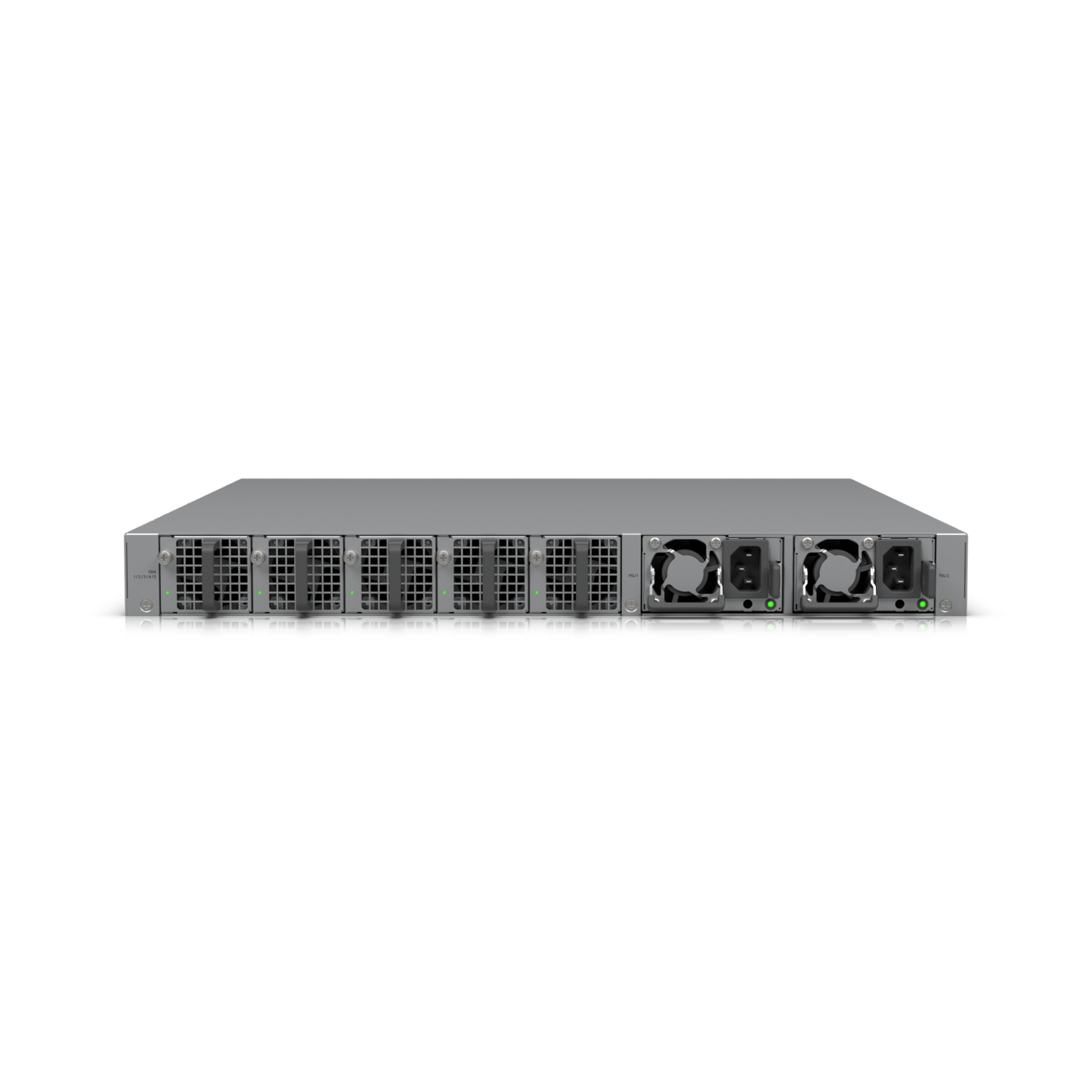 Angled rear view of the Ubiquiti ECS Aggregation Switch highlighting modular power supplies and multiple fan exhaust vents.