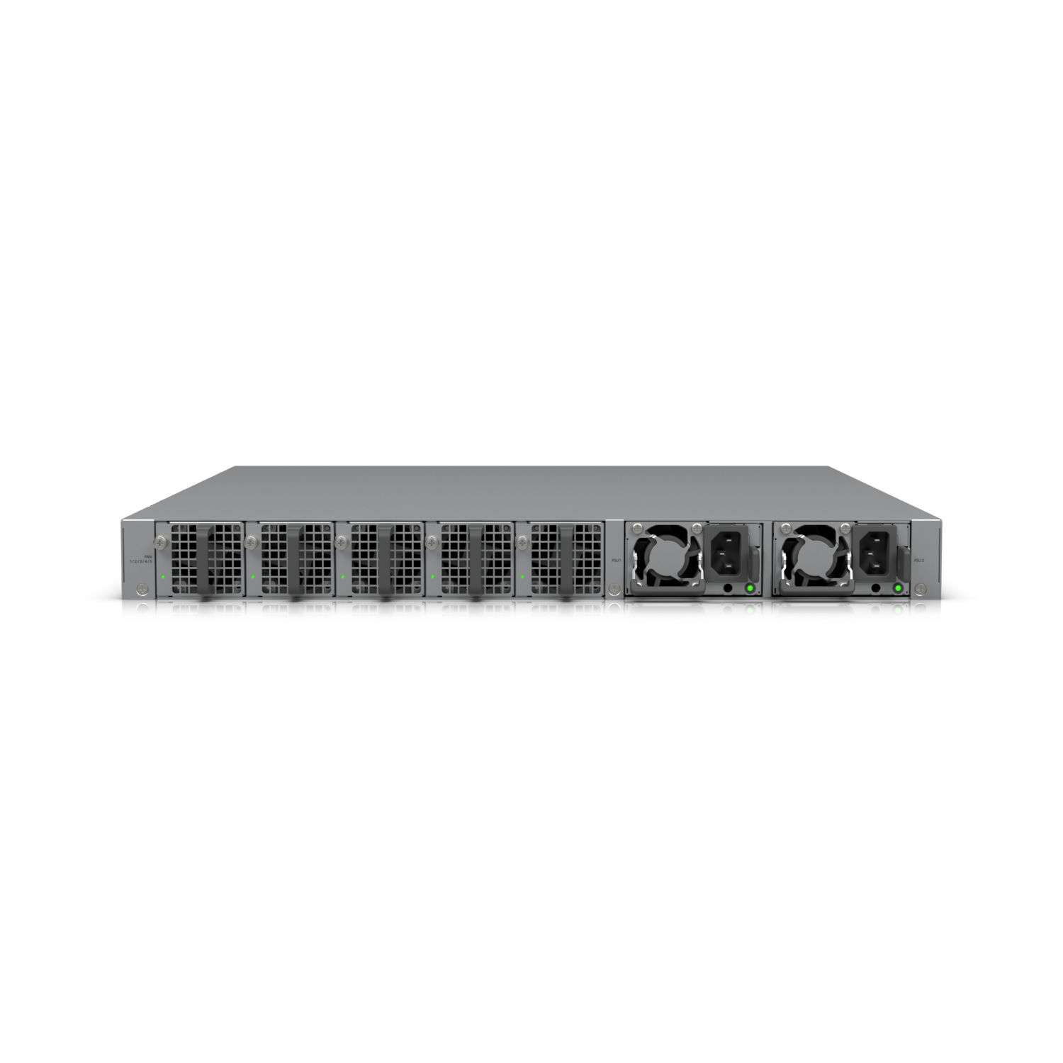 Angled rear view of the Ubiquiti ECS Aggregation Switch highlighting modular power supplies and multiple fan exhaust vents.