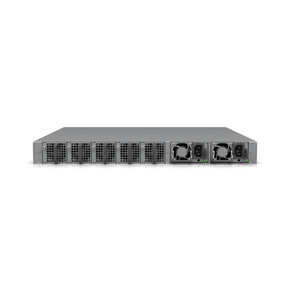 Angled rear view of the Ubiquiti ECS Aggregation Switch highlighting modular power supplies and multiple fan exhaust vents.