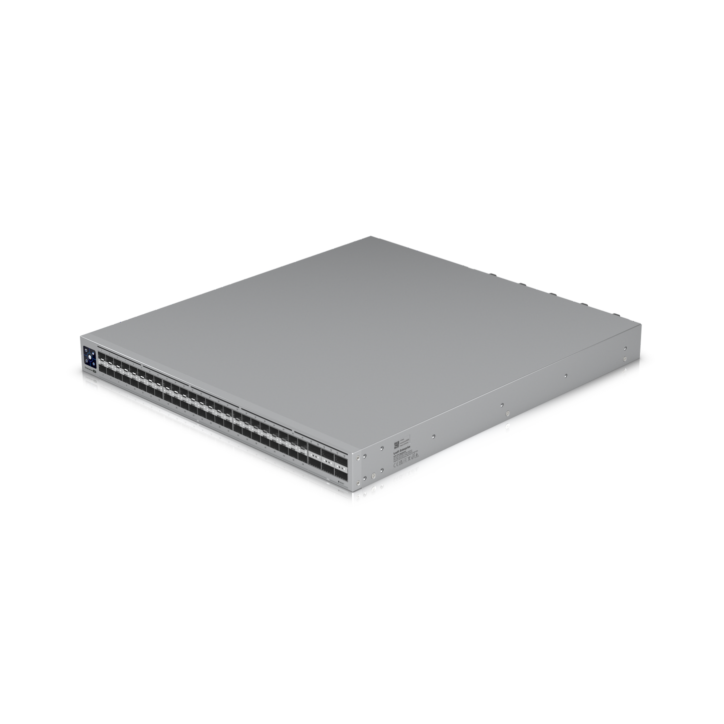 Angled top-down view of the Ubiquiti ECS Aggregation Switch showing port layout, power inputs, and chassis detail.
