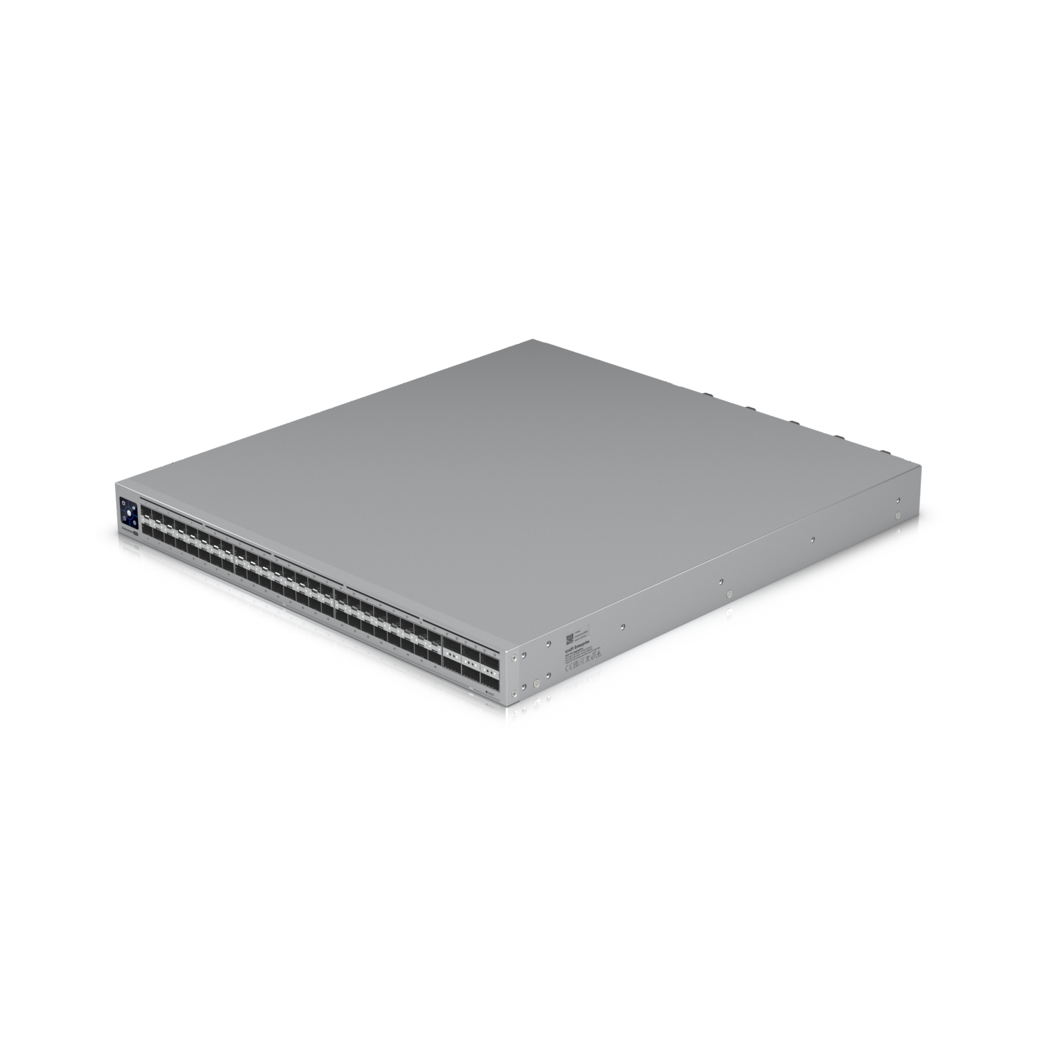 Angled top-down view of the Ubiquiti ECS Aggregation Switch showing port layout, power inputs, and chassis detail.