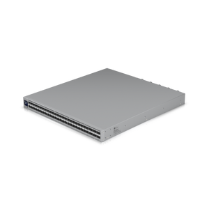 Angled top-down view of the Ubiquiti ECS Aggregation Switch showing port layout, power inputs, and chassis detail.