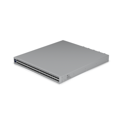 Angled top-down view of the Ubiquiti ECS Aggregation Switch showing port layout, power inputs, and chassis detail.