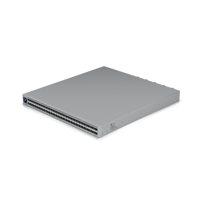 Angled top-down view of the Ubiquiti ECS Aggregation Switch showing port layout, power inputs, and chassis detail.