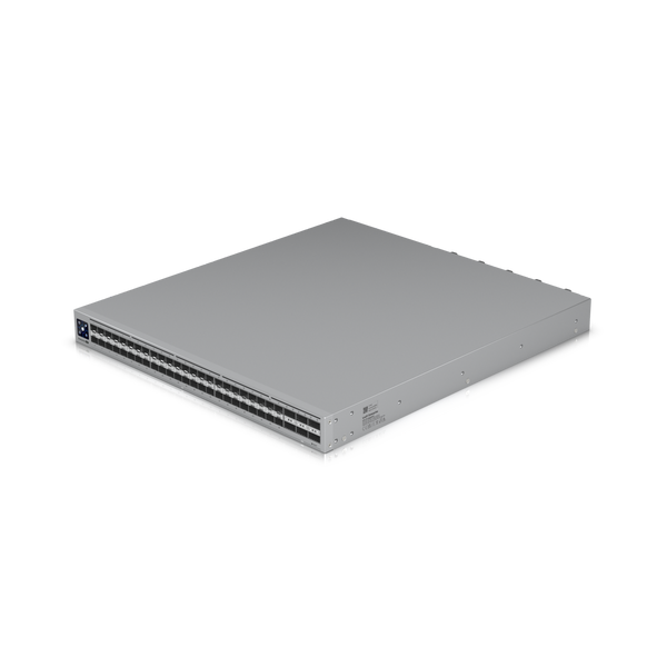 Angled top-down view of the Ubiquiti ECS Aggregation Switch showing port layout, power inputs, and chassis detail.