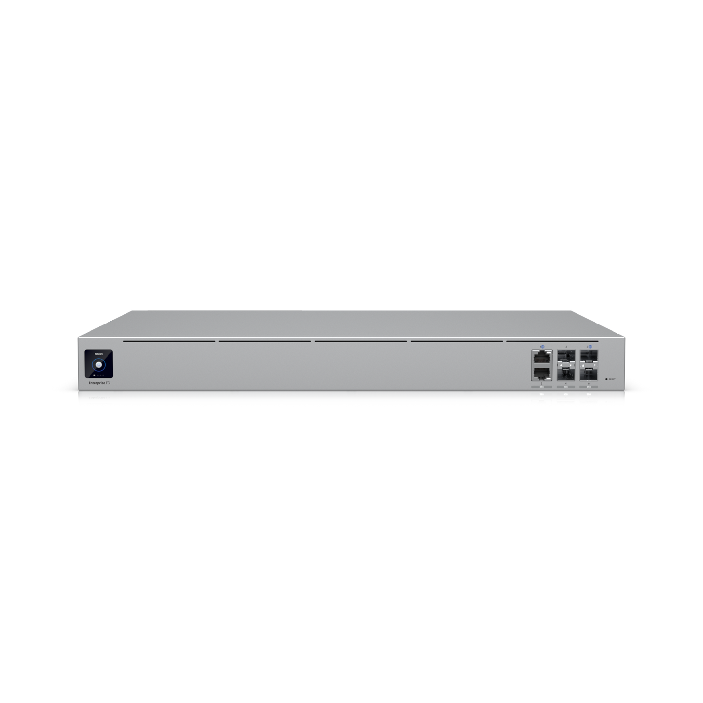 Front view of the Ubiquiti Enterprise Campus Aggregation Switch showcasing primary uplink ports and power button.