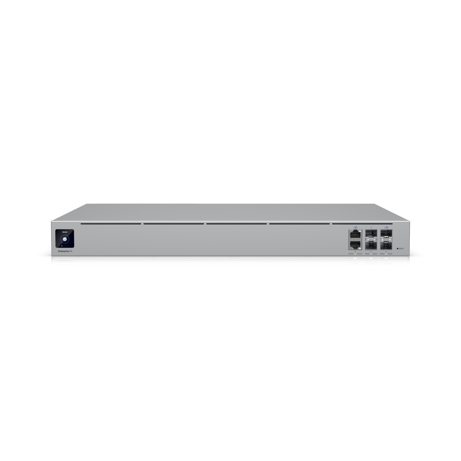 Front view of the Ubiquiti Enterprise Campus Aggregation Switch showcasing primary uplink ports and power button.