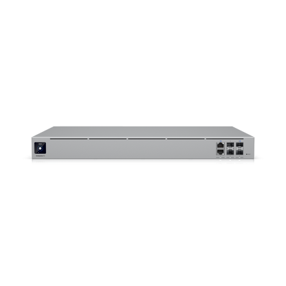 Front view of the Ubiquiti Enterprise Campus Aggregation Switch showcasing primary uplink ports and power button.
