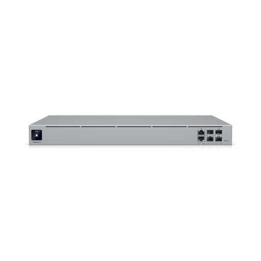 Front view of the Ubiquiti Enterprise Campus Aggregation Switch showcasing primary uplink ports and power button.