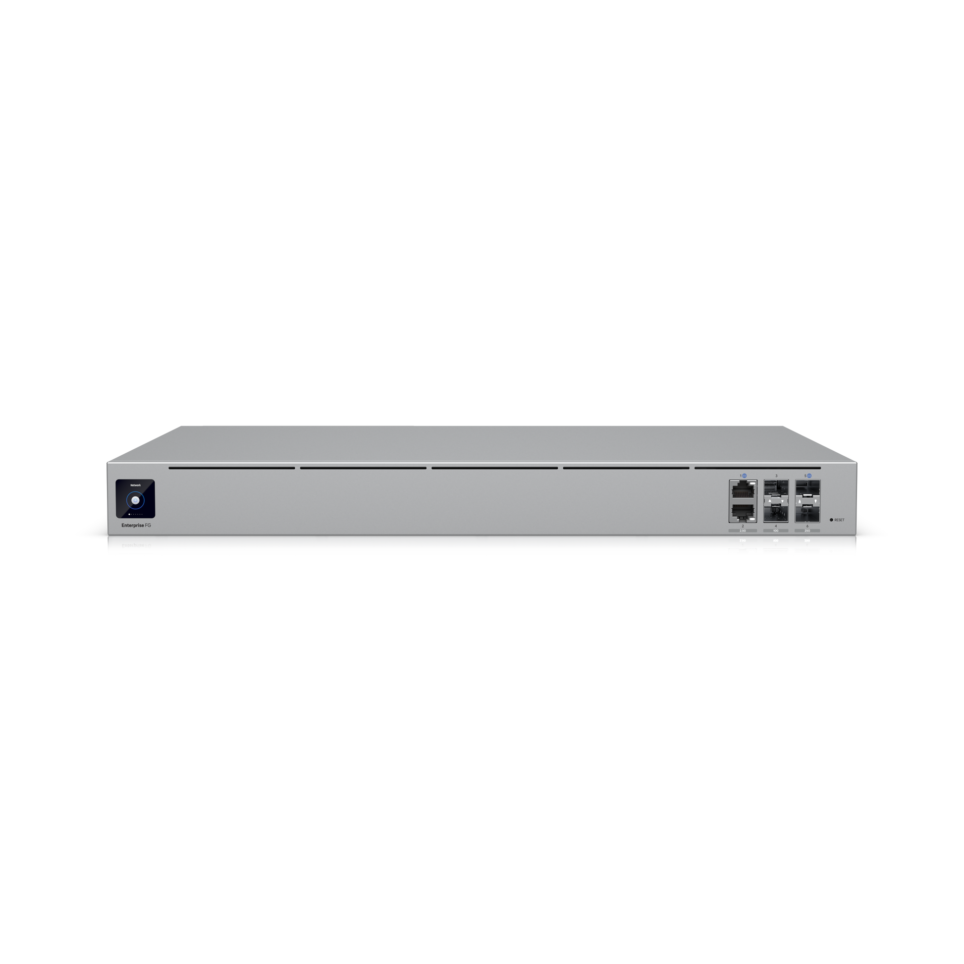 Front angled view of the Enterprise Fortress Gateway (EFG) rackmount network appliance showing the front panel with ports on the right and a touchscreen display on the left.