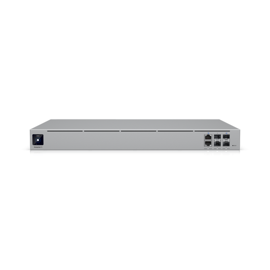 Front angled view of the Enterprise Fortress Gateway (EFG) rackmount network appliance showing the front panel with ports on the right and a touchscreen display on the left.