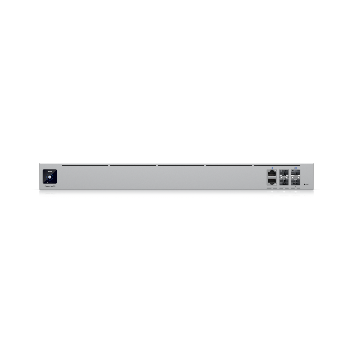 Angled front-side view of the Ubiquiti Enterprise Campus Aggregation Switch highlighting multiple RJ45 and SFP+ uplink ports.