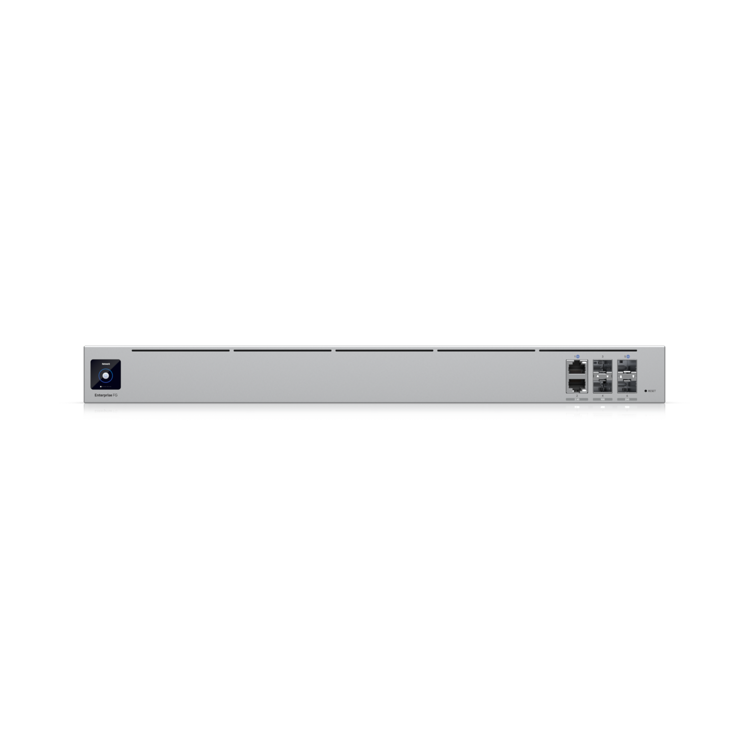 Angled front-side view of the Ubiquiti Enterprise Campus Aggregation Switch highlighting multiple RJ45 and SFP+ uplink ports.