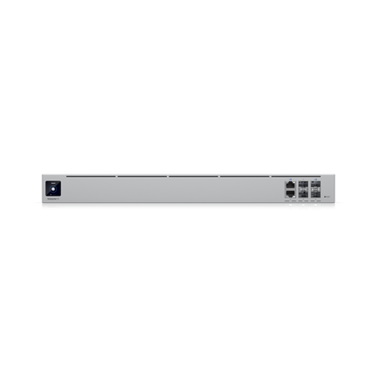 Angled front-side view of the Ubiquiti Enterprise Campus Aggregation Switch highlighting multiple RJ45 and SFP+ uplink ports.
