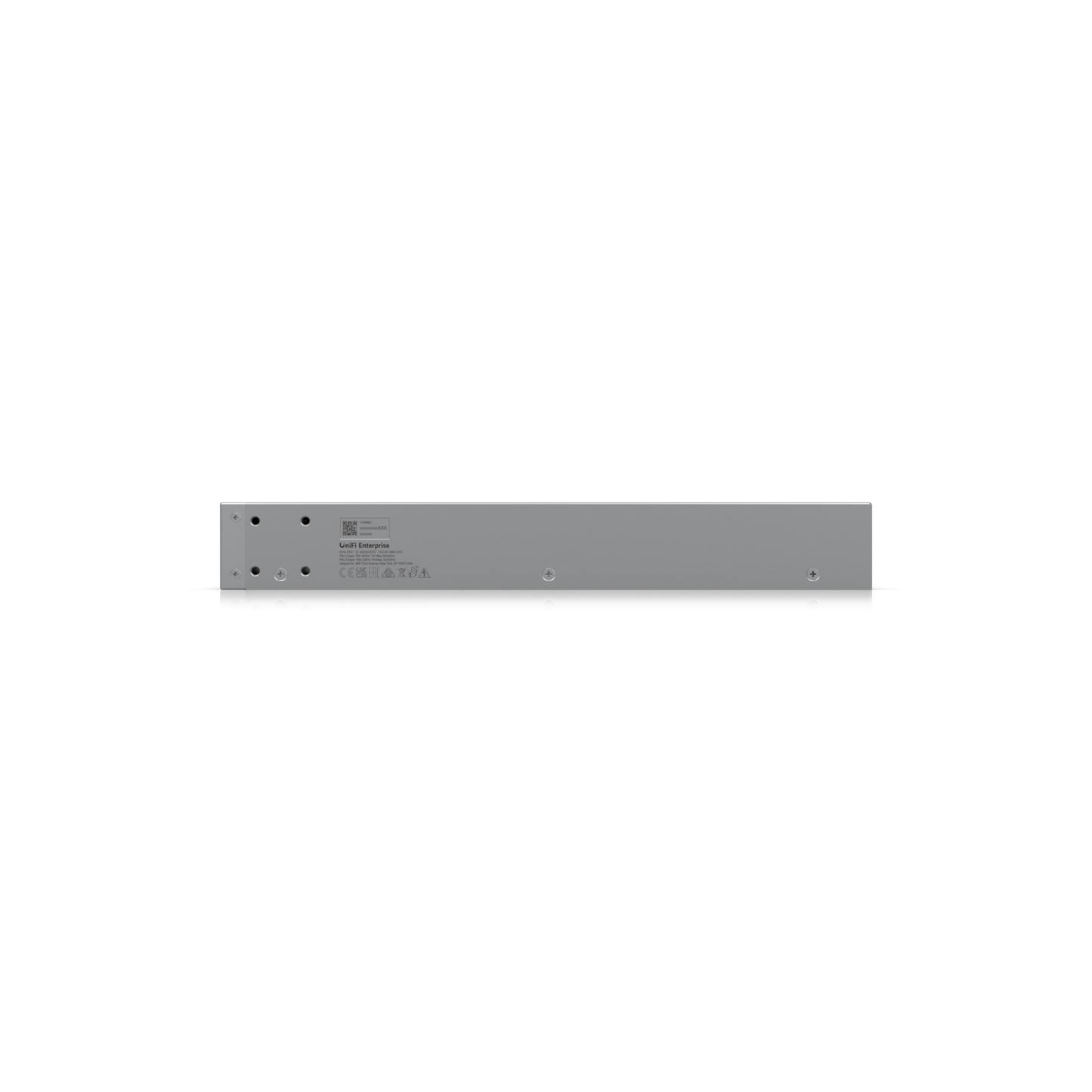 Side profile of the Ubiquiti Enterprise Campus Aggregation Switch with visible product labeling and chassis screw holes.